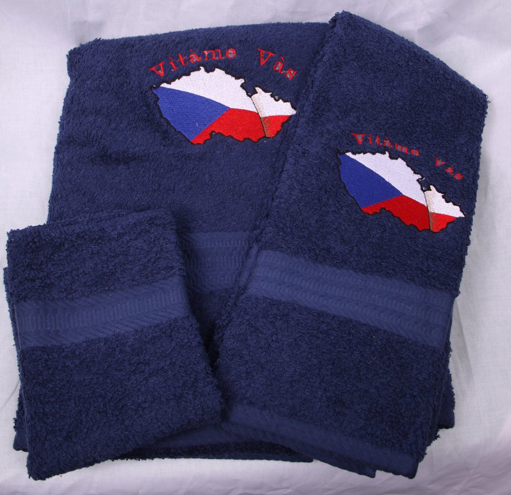 Embroidered Vitame Vas Czech Flag on Navy Wash Hand Bath Towel Set