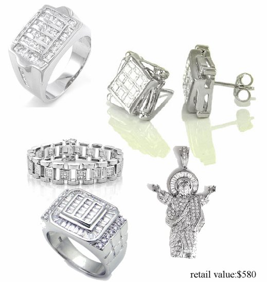 Ballers HipHop Look - 5 Pc Iced Out Sterling Silver Set