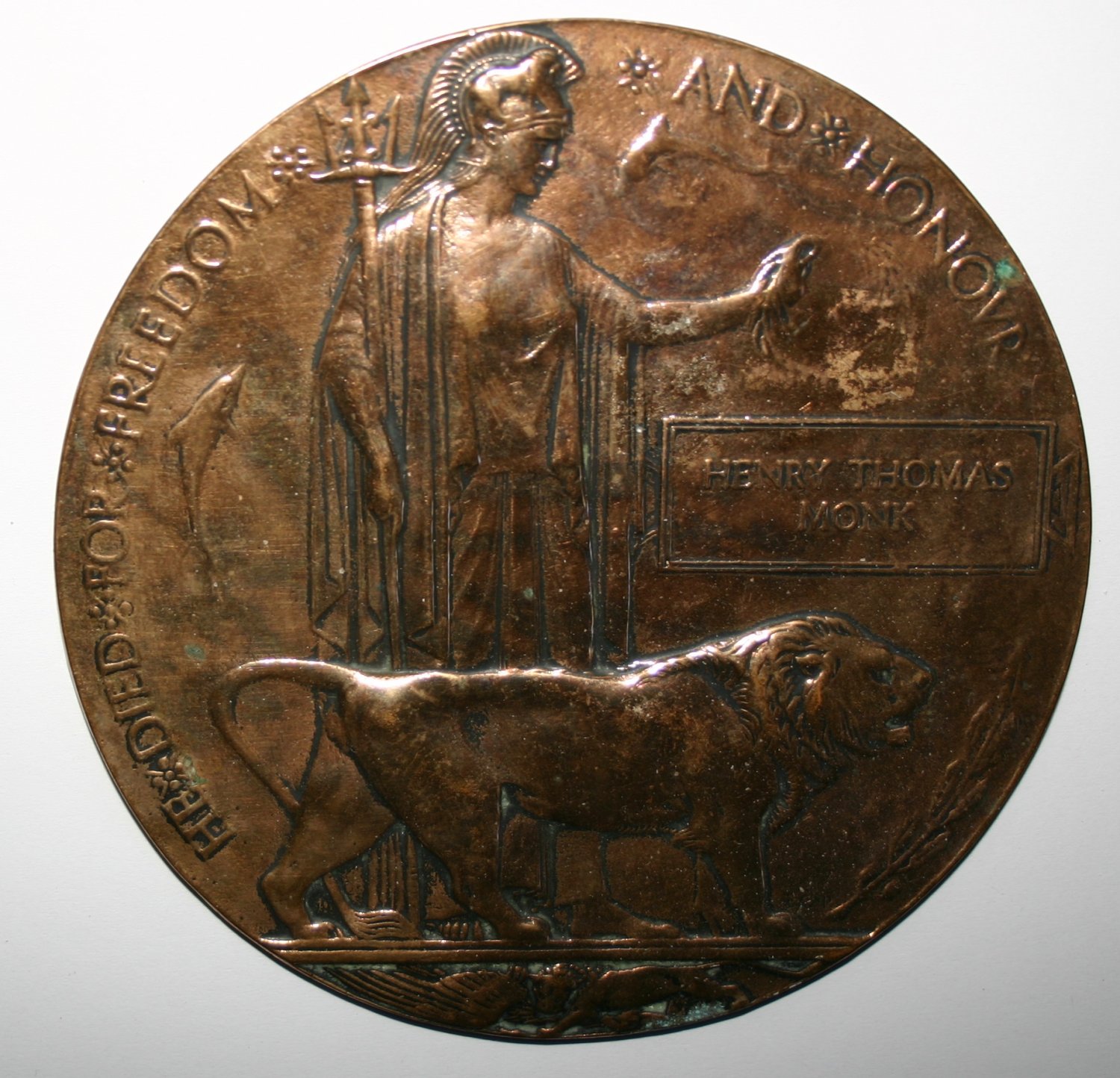Military Memorial WW1 Bronze Death Plaque Named Henry Thomas Monk