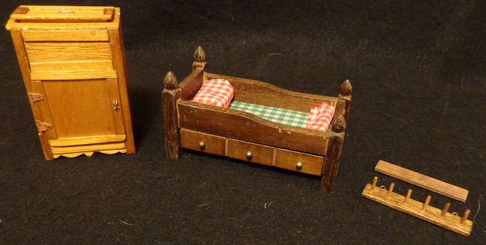 Doll House Miniatures Lot Wooden Bed w/ Spindles, Ice Chest and Coat Hook