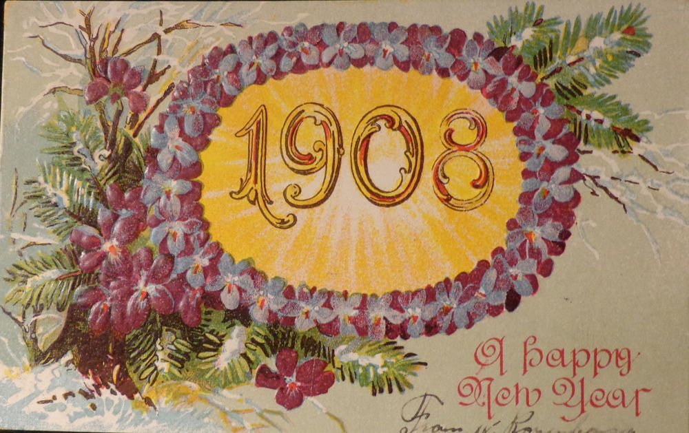 Vintage happy New Year Post Card 1908 Embossed Design Used Split