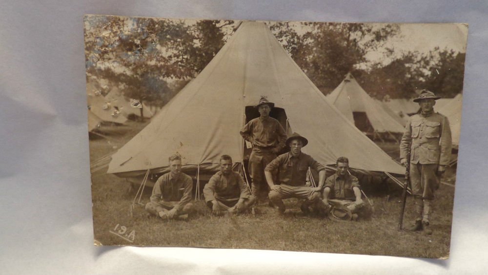 Vintage Real Photo Postcard Picture of 6 Soldiers in Front of Tent Unused Split