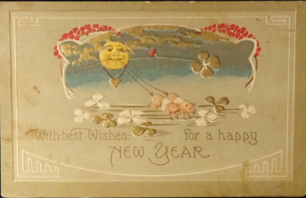 Vintage Happy New Year Embossed Has Pigs & Moon on Front Used Split Back