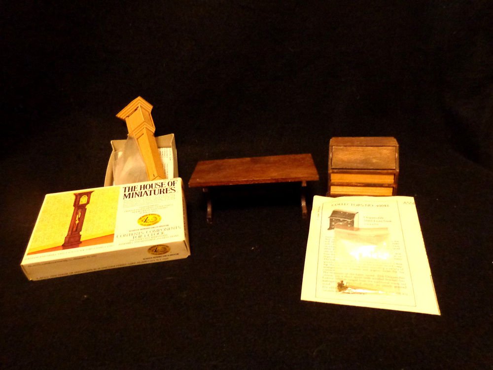 Doll House Miniatures Lot of 3 Table, Grandfather Clock, and Slant-Front Desk