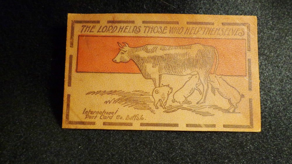 Vintage Leather Postcard "The Lord Helps Those Who Help Themselves" Unused