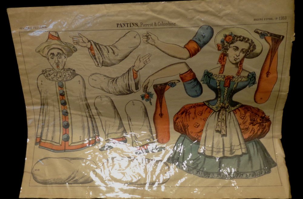 Lithograph Pierrot & Colombine France circa1890 Features 2 Articulated Dolls