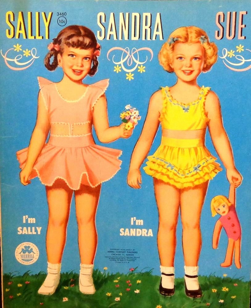 Vintage Sally Sandra Sue Paper Dolls Merrill Pub. Company 1955 UNCUT 3 Dolls