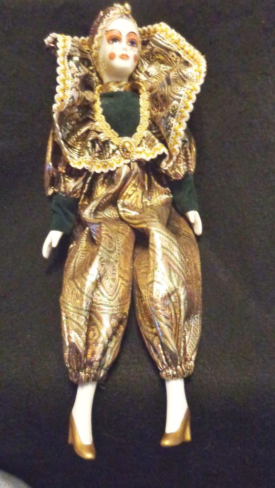 Porcelain Clown Vintage Has Beautiful Green & Gold Clothing 15 Inches Tall
