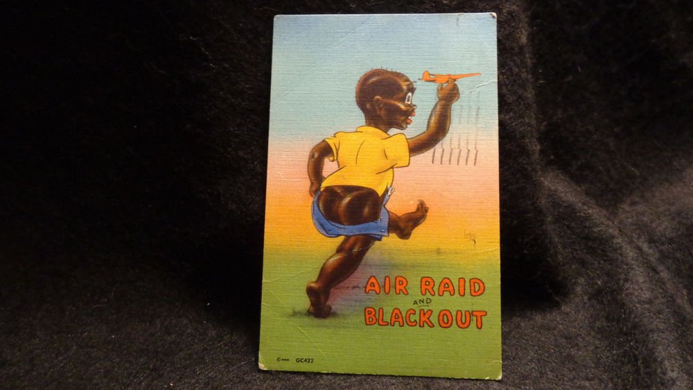 Black Americana Postcard "Air Raid & Black Out" Cute Kid W/ Airplane Used 1943