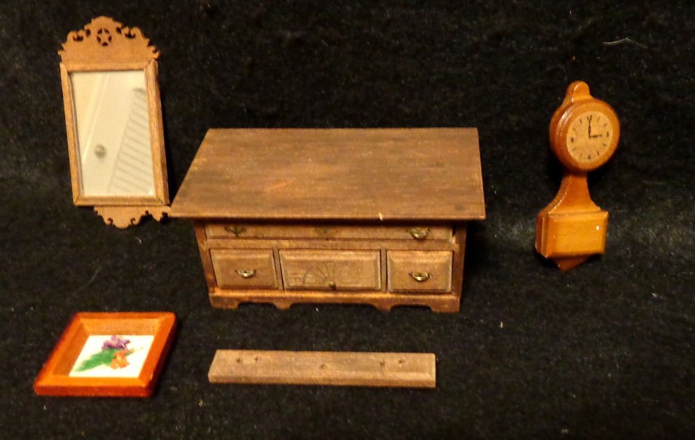 Four Pieces of Miniatures Doll House Accessories/Furniture Clock, Mirror, Chest