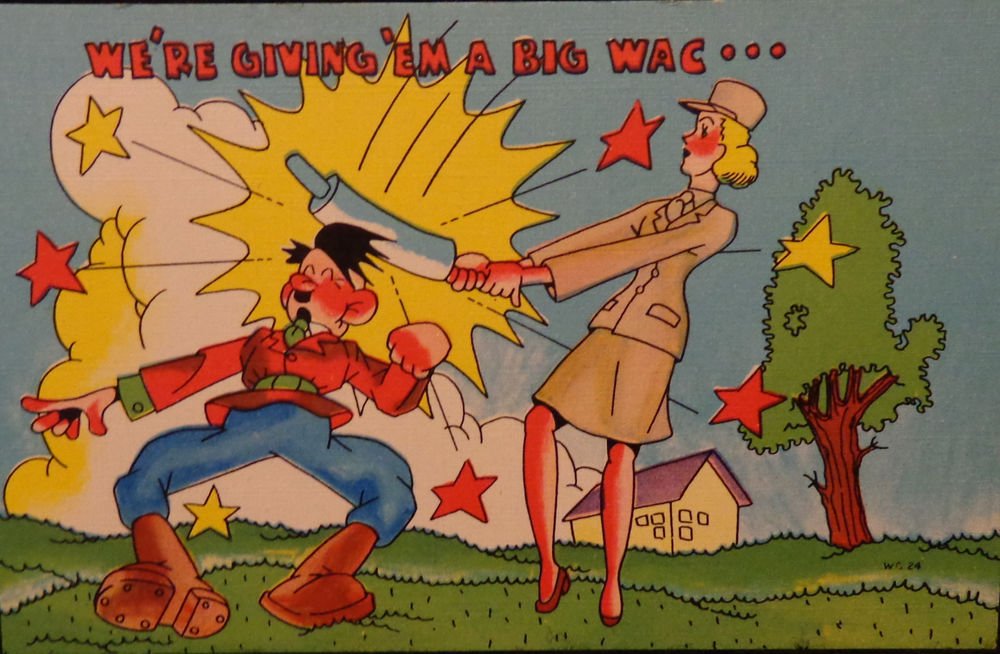 World War II Postcard "We're Giving 'Em a Big Wac" Linen Unposted Wac & Hitler