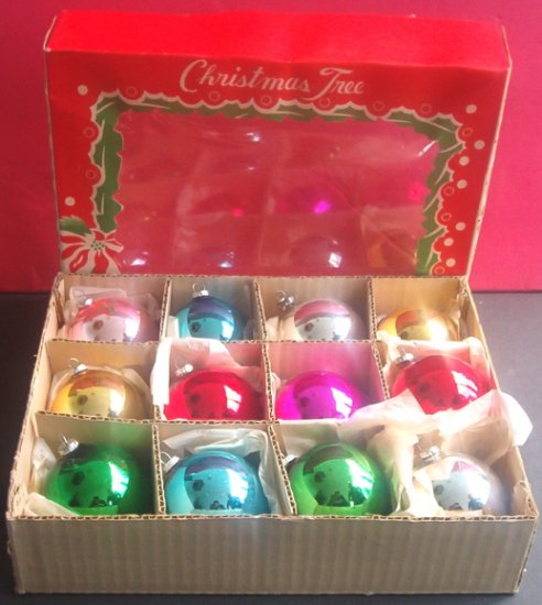 VINTAGE BOX of 12 GLASS CHRISTMAS TREE BALLS ORNAMENTS