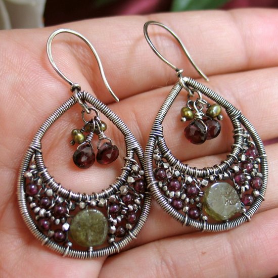 Vintage Romance Earrings - Intricate Red and Green Garnet and Pearl Earrings