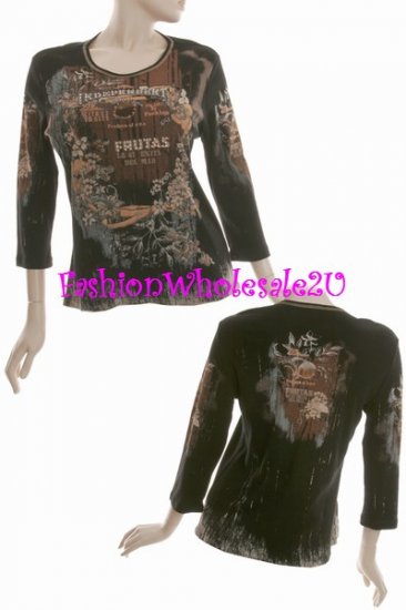 WS Black Vintage "Mona Lisa Fruit" T-Shirt Top Wholesale (7 Pack)
