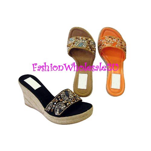 HW Art Beading Wedge Womens Shoes Wholesale (18 Pair) - ORANGE