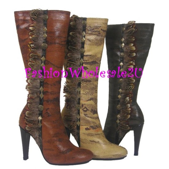 HW Snake Imprint Feather and Stud Boots Wholesale (12 Pair) - BEIGE