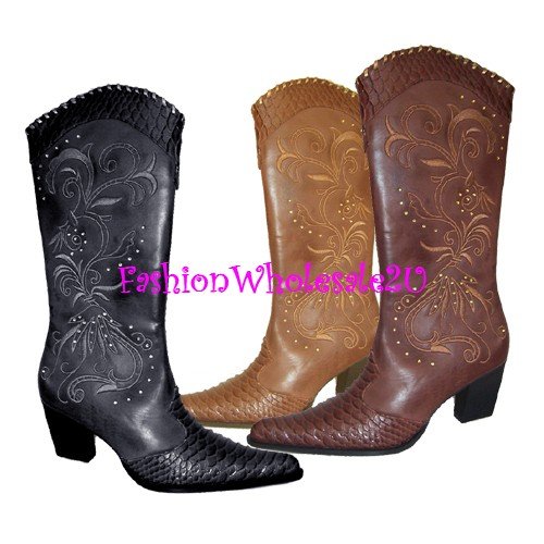 HW Stud and Snake Print Tip Cowboy Boots Wholesale (12 Pair) - BLACK