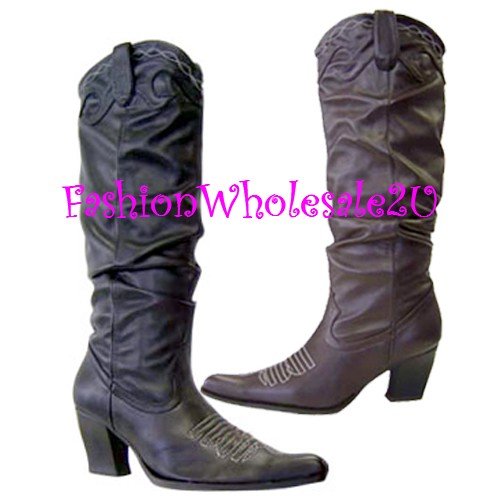 HW Rouched Fashion Cowboy Boots Wholesale (12 Pair) - BLACK