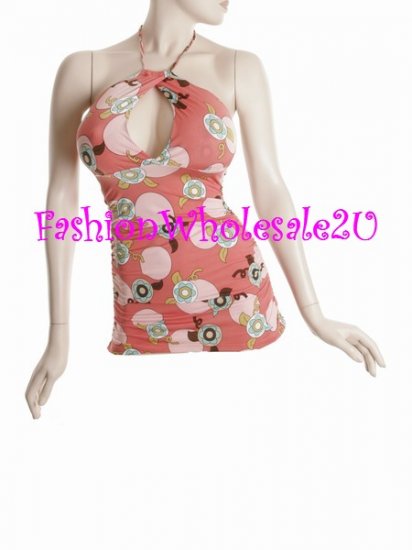 WS Pink/Multicolor "60's" Dot Keyhole Halter Top Wholesale (5 Pack)