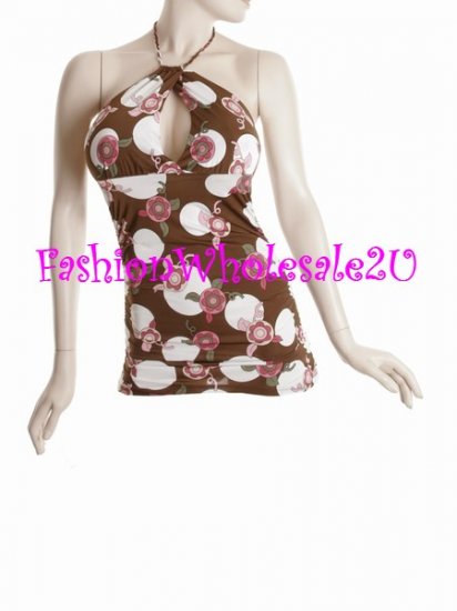 WS Brown/Multicolor "60's" Dot Keyhole Halter Top Wholesale (6 Pack)