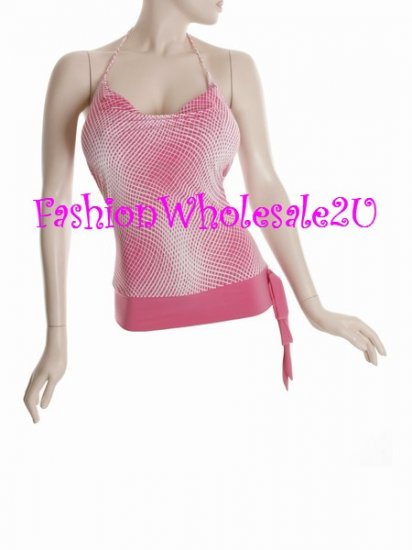 WS Pink /White Pixel Drape Neck Halter Top Wholesale (6 Pack)