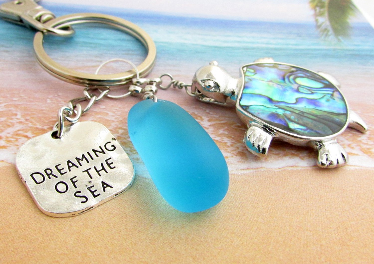 Sea Turtle Keychain with Sea Glass and Beach Quote