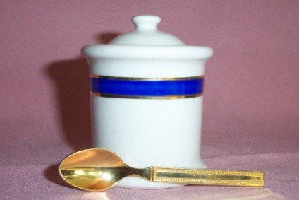 Vintage Pottery JAM/JELLY JAR w. Spoon, 24kt Gold Plate, Very Nice!