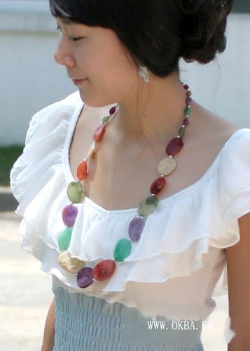 Purple Beige Red Green(Oval-Shape) Long Necklace