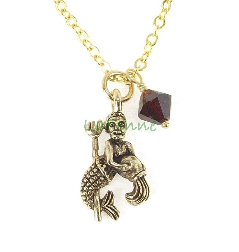 January Aquarius Zodiac Garnet Swarovski Birthstone Gold Plated Astrology Necklace, Made in USA