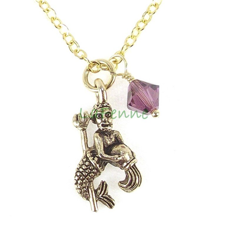 February Aquarius Zodiac Amethyst Swarovski Birthstone Gold Plated Astrology Necklace, Made in USA