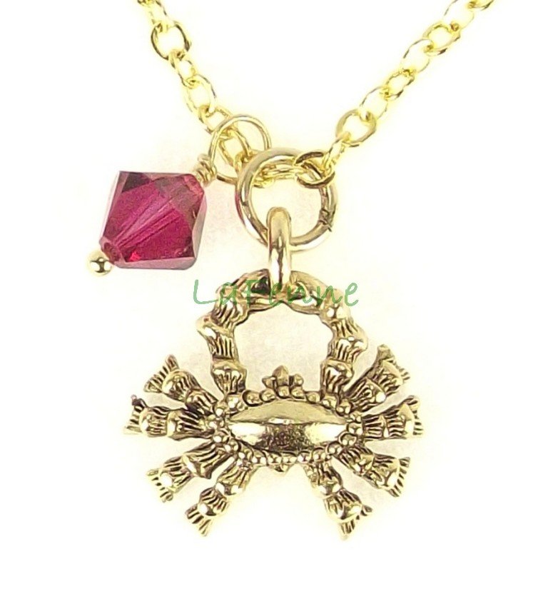 July Cancer Zodiac Ruby Swarovski Birthstone Gold Plated Astrology Necklace, Made in USA