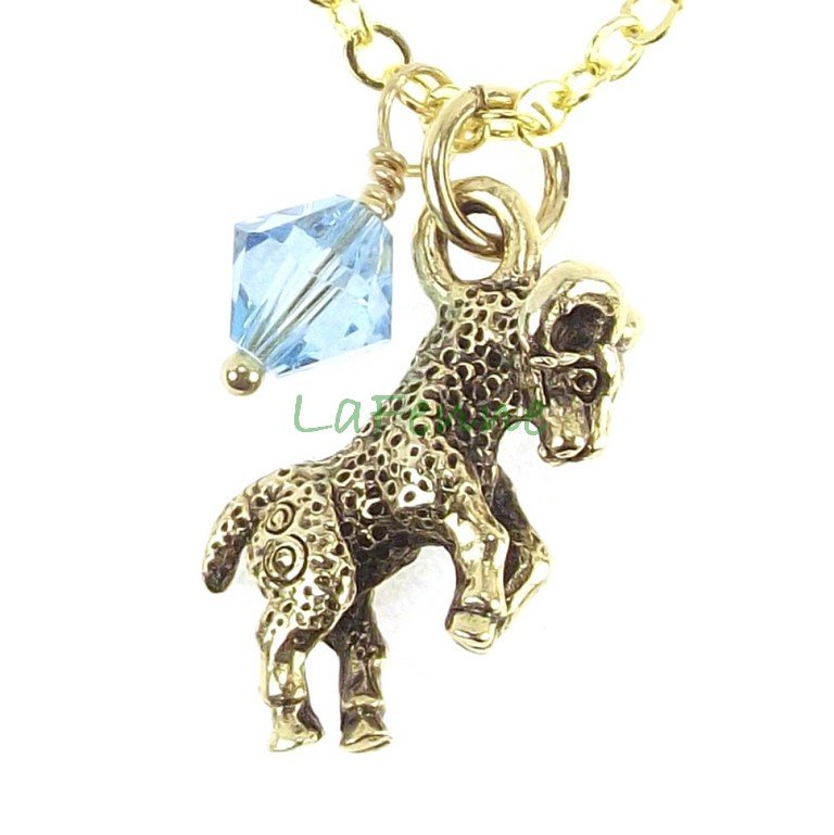 March Zodiac Aries Aquamarine Swarovski Birthstone Gold Plated Astrology Necklace, Made in USA