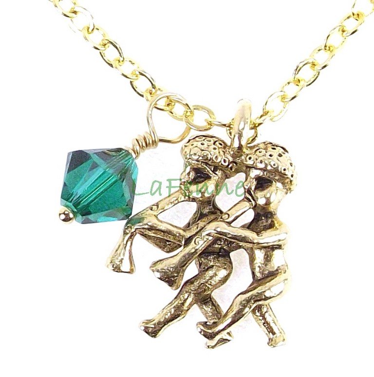 May Gemini Zodiac Emerald Swarovski Birthstone Gold Plated Astrology Necklace, Made in USA