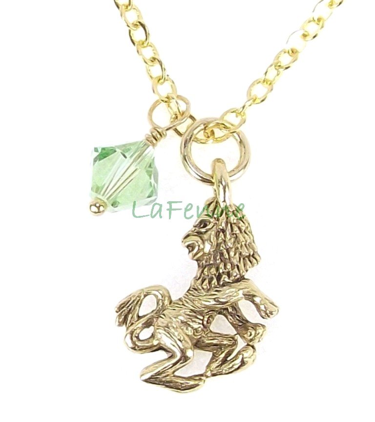 August Leo Zodiac Peridot Swarovski Birthstone Gold Plated Astrology Necklace, Made in USA