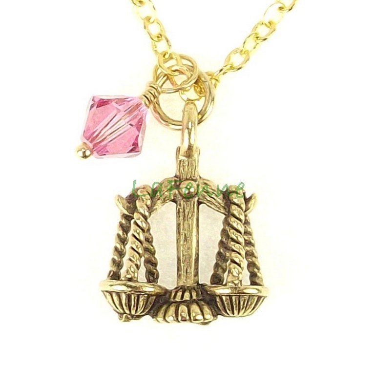 October Libra Zodiac Rose Swarovski Birthstone Gold Plated Astrology Necklace, Made in USA