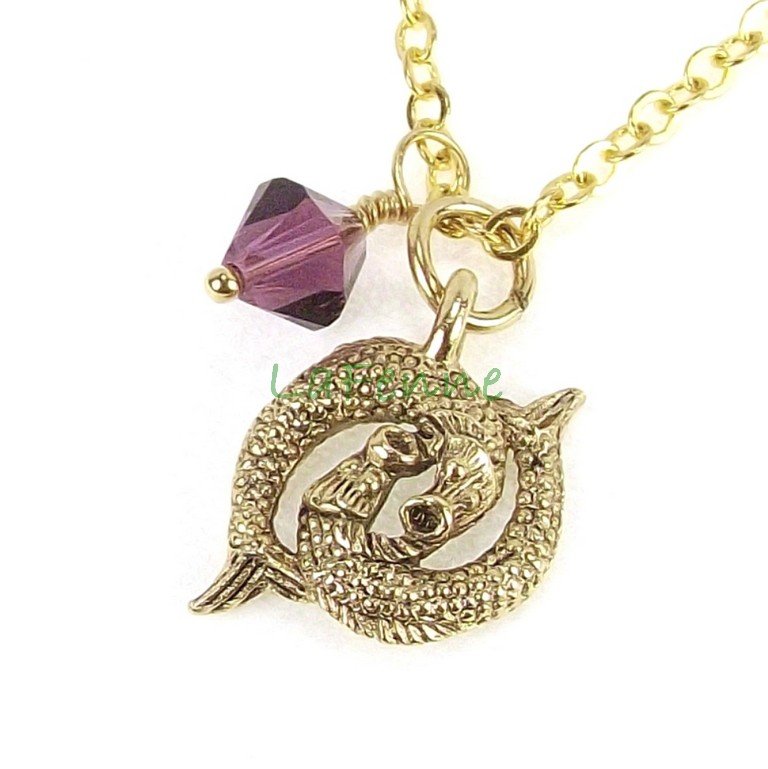 February Pisces Zodiac Amethyst Swarovski Birthstone Gold Plated Astrology Necklace, Made in USA