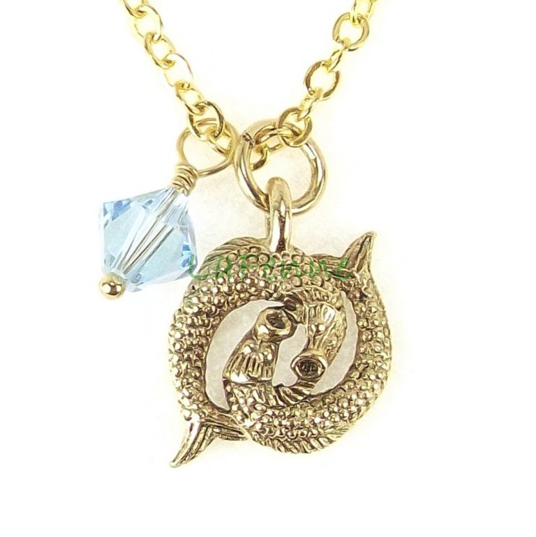 March Pisces Zodiac Aquamarine Swarovski Birthstone Gold Plated Astrology Necklace, Made in USA