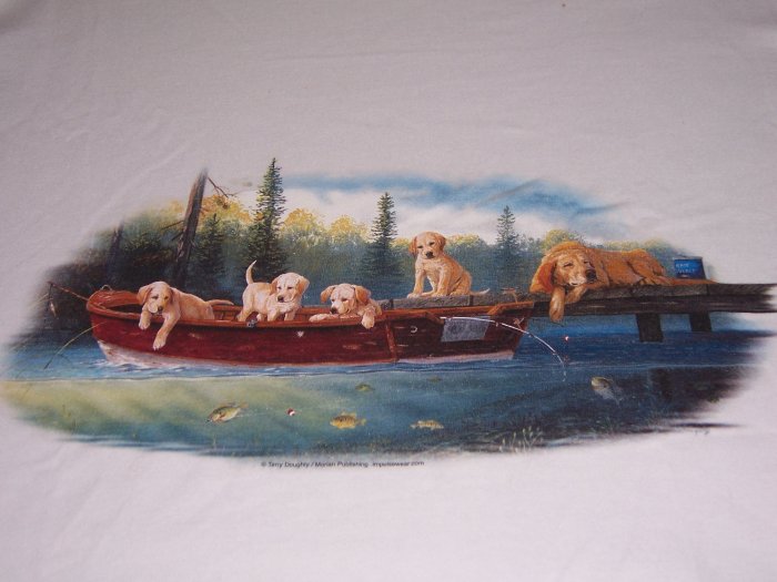 Labs On boat On white T-shirt NEW Large
