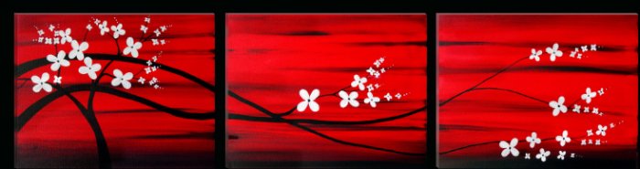 Feng Shui Floral Asian Tree Painting Red and Black