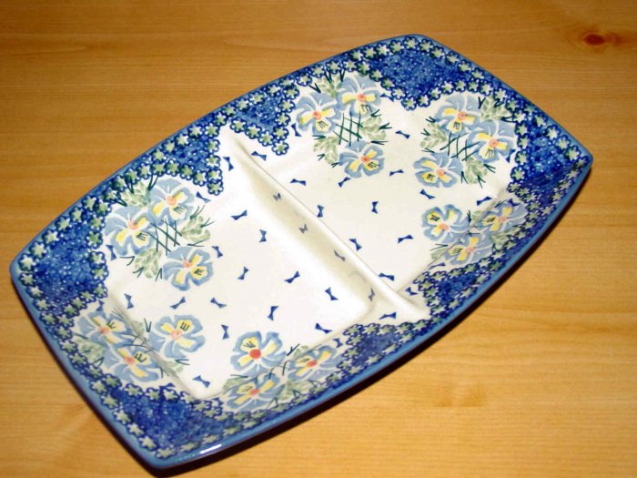 Polish Pottery Unikat Divided Serving Dish Fancy Flowers Boleslawiec
