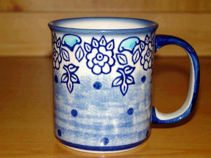 Polish Pottery Coffee Cup Unikat Muted Blue Boleslawiec Poland