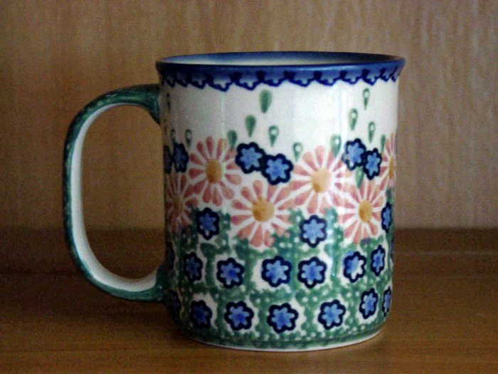 Polish Pottery Coffee Cup Boleslawiec Unikat Pretty Flowers Artist Handsigned!