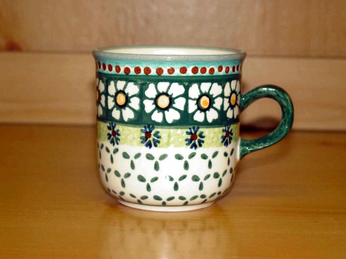 Polish Pottery Coffee Cup Green Daisy Wiza Boleslawiec Poland