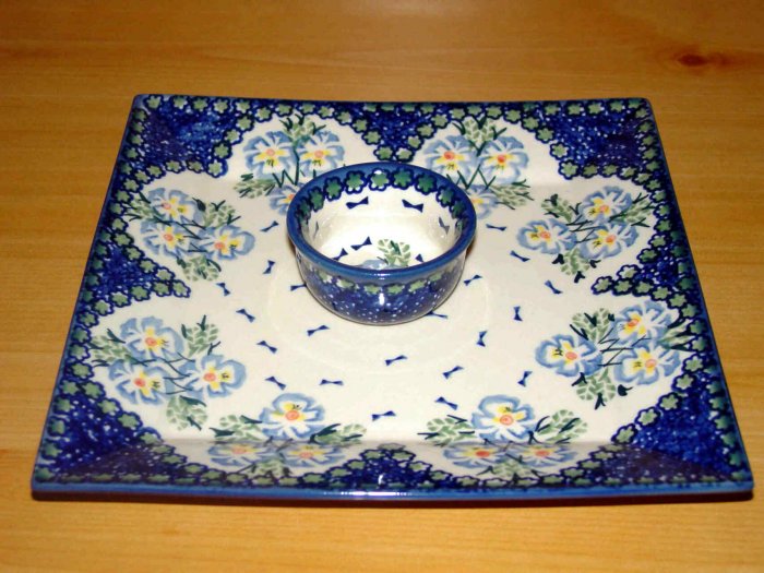Polish Pottery Unikat Tray & Dipping Bowl Set In Fancy Flowers, Boleslawiec Poland