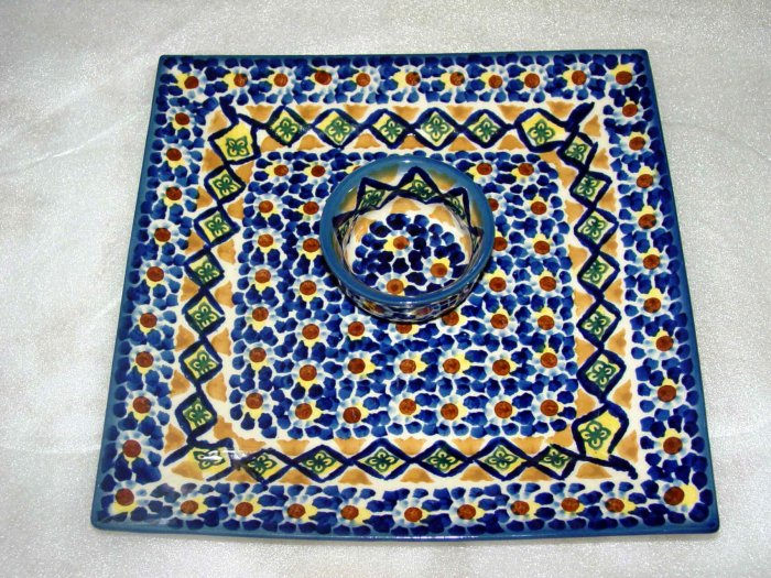 Polish Pottery Unikat Tray & Dipping Bowl Set In Daisy Flower Boleslawiec Poland