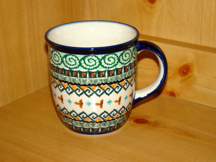 Polish Pottery Coffee Cup Jade Swirl Unikat Art 114 Zaklady Ceramiczne Boleslawiec Signed