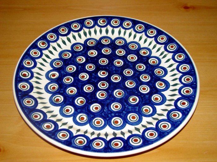 Polish Pottery Dinner Plate Blue Peacock Wiza Boleslawiec Poland