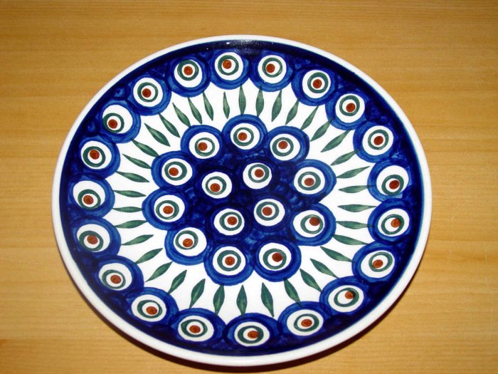 Polish Pottery Dessert Plate Blue Peacock Wiza Boleslawiec Poland