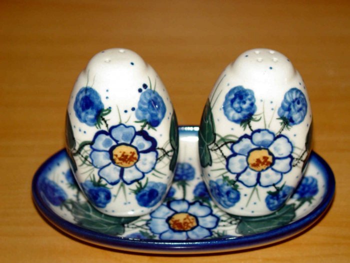 Polish Pottery Salt and Pepper WR Unikat Signature Spring Morn Artist Signed Boleslawiec Poland