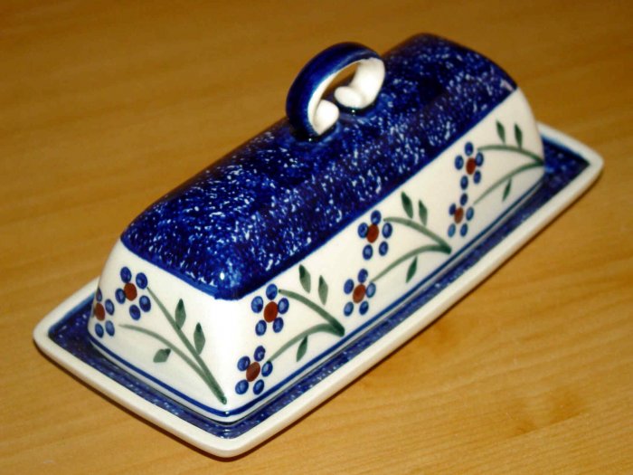 Polish Pottery Butter Dish Blue Daisy Chain Wiza Boleslawiec Poland